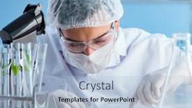 Presentation with scientist - Amazing PPT theme having male-scientist-researcher-doing-experiment backdrop and a light blue colored foreground