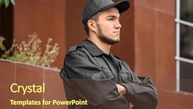  Presentation with building security - Beautiful PPT layouts featuring male security guard near building backdrop and a tawny brown colored foreground