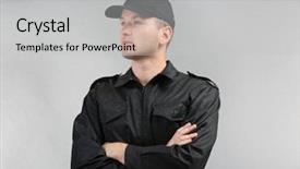  Presentation with security guard - Audience pleasing PPT theme consisting of male security guard on grey background backdrop and a light gray colored foreground