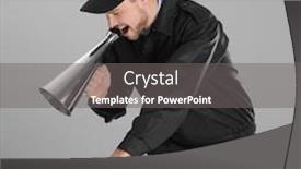  Presentation with security guard - Colorful slides enhanced with male security guard with megaphone on grey background backdrop and a gray colored foreground
