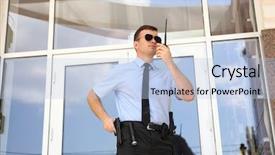  Presentation with portable radio - PPT layouts enhanced with male security guard with portable background and a light blue colored foreground