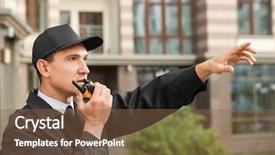  Presentation with portable radio - Audience pleasing slide set consisting of male security guard with portable backdrop and a tawny brown colored foreground