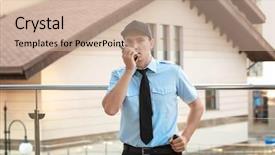  Presentation with portable radio - Theme having male security guard with portable background and a soft green colored foreground
