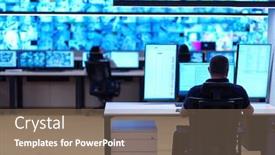  Presentation with data security - Colorful presentation enhanced with male-security-operator-working backdrop and a violet colored foreground