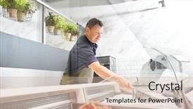  Presentation with fish people - Slide set consisting of male seller with scoop add background and a soft green colored foreground