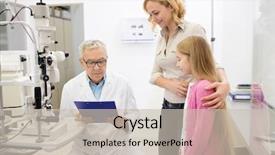  Presentation with child specialist - PPT theme featuring male senior specialist gives diagnosis to mother for child's vision background and a soft green colored foreground