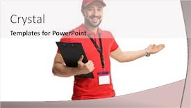  Presentation with welcome - Audience pleasing slide deck consisting of male-shop-assistant-gesturing-welcome backdrop and a sky blue colored foreground