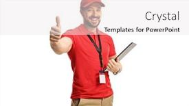  Presentation with voice assistant - Amazing PPT layouts having male-shop-assistant-gesturing backdrop and a sky blue colored foreground