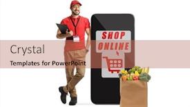  Presentation with online grocery - Presentation design with male-shop-assistant-holding background and a coral colored foreground