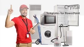  Presentation with home appliances - Beautiful PPT theme featuring male-shop-assistant-with-electircal backdrop and a light gray colored foreground