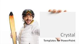  Presentation with cardboard - Slide set with male-skier-holding-skiis background and a  colored foreground