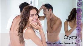  Presentation with happy birthday for husband - Slide set featuring male skin care - happy young woman standing background and a coral colored foreground