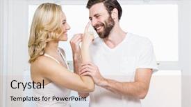  Presentation with man joined woman - Audience pleasing slide deck consisting of male skin care - woman applying cream to her backdrop and a coral colored foreground