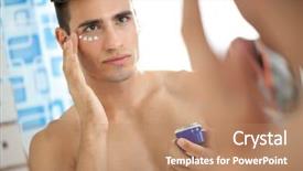  Presentation with facial - PPT theme having male skin care - young man applying facial cream background and a coral colored foreground