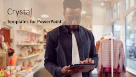  Presentation with checks - Slide deck featuring male-small-business-owner-checks background and a soft green colored foreground