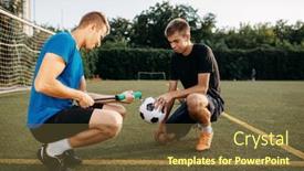  Presentation with pump - Colorful PPT theme enhanced with male soccer players pump up the ball on the field backdrop and a tawny brown colored foreground