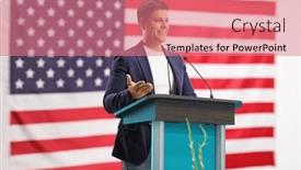  Presentation with speaker - PPT theme having male-speaker-giving-a-speech background and a coral colored foreground