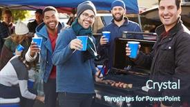  Presentation with car park - Audience pleasing slide set consisting of male sports fans tailgating backdrop and a ocean colored foreground