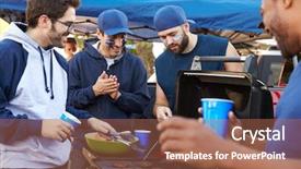  Presentation with sports fans - Cool new slide deck with male sports fans tailgating backdrop and a coral colored foreground