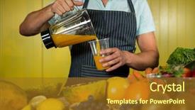  Presentation with grocery - Theme enhanced with male staff pouring juice into glass at counter in health grocery shop background and a tawny brown colored foreground