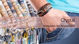  Presentation with leather - Audience pleasing PPT layouts consisting of male standing with leather bracelet backdrop and a coral colored foreground