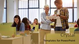  Presentation with professor - Presentation with male-student-and-female-professor background and a gold colored foreground