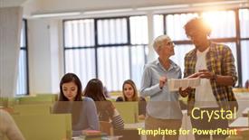  Presentation with questions - Presentation theme featuring male-student-at-the-university background and a tawny brown colored foreground
