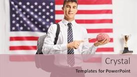  Presentation with human brain ai virtual - Slide deck featuring male-student-holding-a-human background and a coral colored foreground