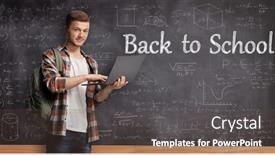  Presentation with back school - Audience pleasing PPT theme consisting of male-student-holding-a-laptop backdrop and a tawny brown colored foreground