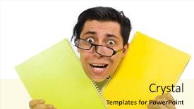  Presentation with student - Cool new PPT theme with male student holding notes isolated backdrop and a yellow colored foreground