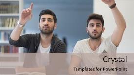  Presentation with homework - Slide deck with male student in classroom working homework and learning with laptop computer students group in background background and a light gray colored foreground