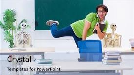  Presentation with examination - Slide deck featuring male student in the classroom background and a  colored foreground