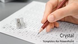  Presentation with exam - Slide deck enhanced with male student passing exam closeup background and a light gray colored foreground