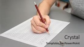  Presentation with test exam student - Amazing PPT theme having male student passing exam closeup backdrop and a light gray colored foreground