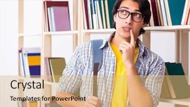  Presentation with library - Cool new slide deck with male student preparing for exams backdrop and a  colored foreground