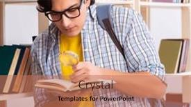  Presentation with library - Presentation theme with male-student-preparing-for-exams and a coral colored foreground