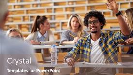  Presentation with question - Beautiful presentation theme featuring male-student-raising-the-hand backdrop and a coral colored foreground
