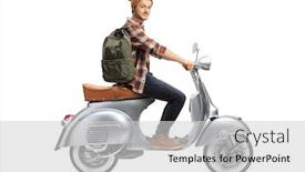  Presentation with motorbike - Amazing PPT theme having male-student-riding-a-vintage backdrop and a light gray colored foreground