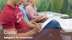  Presentation with taking notes - PPT layouts enhanced with male student taking notes in classroom business education concept casual young businessman on seminar training background and a coral colored foreground
