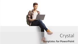  Presentation with student - PPT theme featuring male-student-using-a-laptop background and a light gray colored foreground