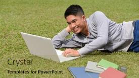  Presentation with college campus - Slide set consisting of male-student-using-laptop-computer background and a yellow colored foreground
