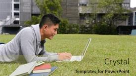  Presentation with college campus - Presentation theme enhanced with male-student-using-laptop-computer background and a yellow colored foreground