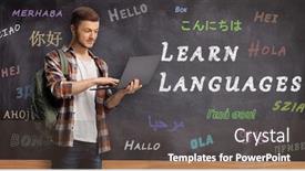  Presentation with learn - Audience pleasing theme consisting of male-student-wiht-a-laptop backdrop and a tawny brown colored foreground