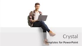  Presentation with computer - PPT theme having male-student-with-a-laptop background and a white colored foreground