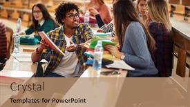  Presentation with amphitheater - Amazing PPT theme having male-student-with-female-sharing backdrop and a coral colored foreground