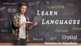  Presentation with student - Audience pleasing presentation theme consisting of male-student-with-laptop-standing backdrop and a tawny brown colored foreground