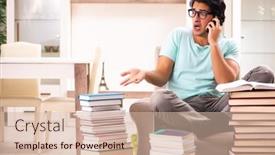  Presentation with many books - Slide deck consisting of male-student-with-many-books background and a soft green colored foreground