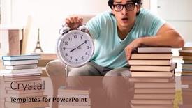  Presentation with many books - PPT theme with male-student-with-many-books background and a coral colored foreground