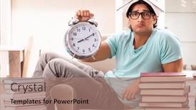  Presentation with many books - Slide set with male-student-with-many-books background and a coral colored foreground