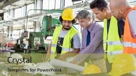  Presentation with covid19 and healthcare workers - Cool new PPT theme with male supervisor with workers discussing backdrop and a yellow colored foreground